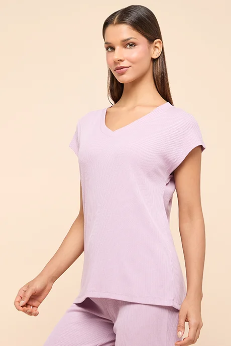 R&B Ribbed Sleep Top With V-Neck and Short Sleeves