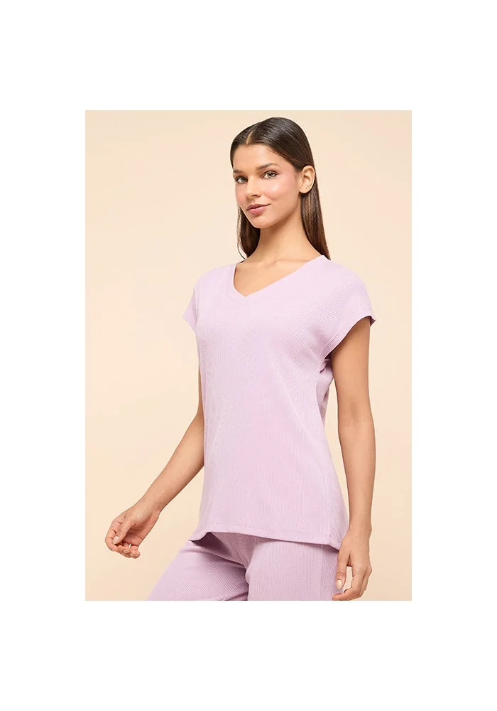 أر أند بي Ribbed Sleep Top With V-Neck and Short Sleeves
