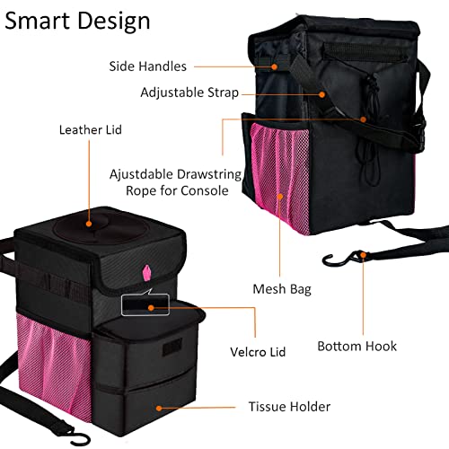 GPUSFAK Car Trash Can Foldable Garbage Bin Leakproof 3 Gallons Black Pink - Image 3