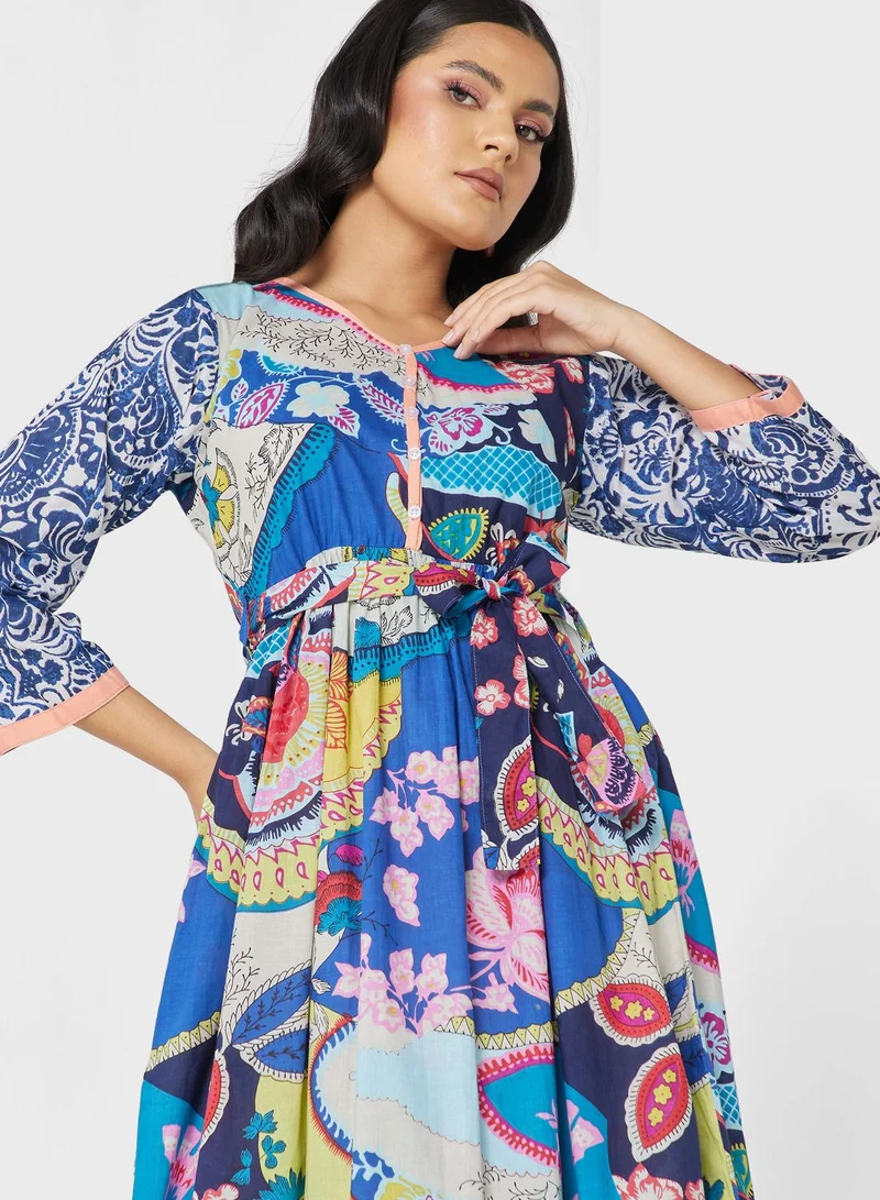 ARABIAN CLOSET Flared Sleeve Printed Jalabiya