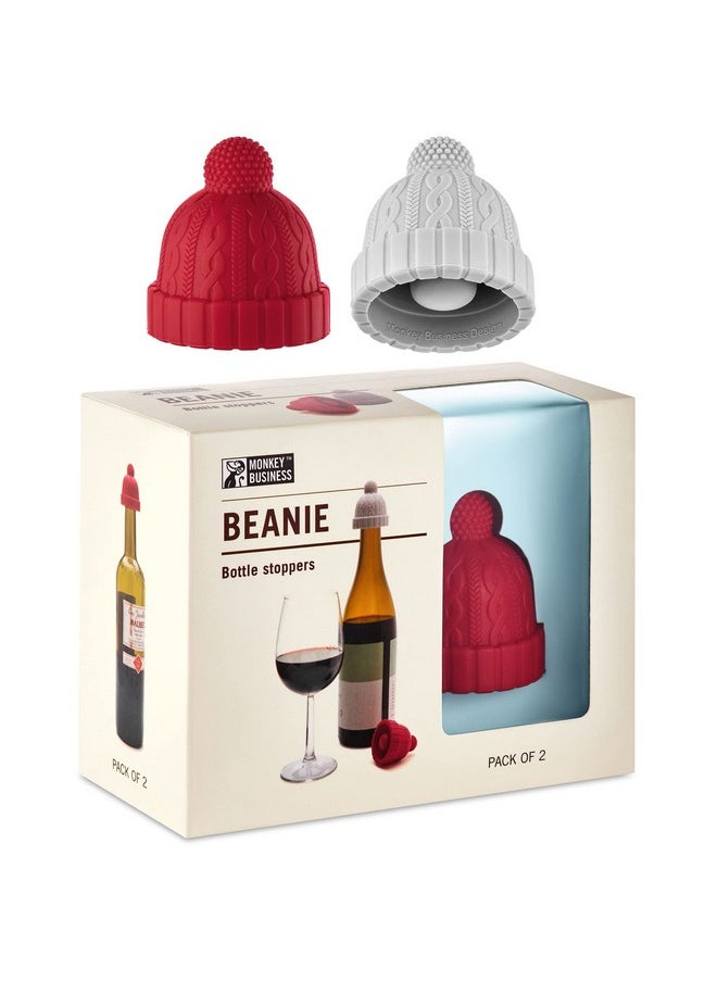 Monkey Business - Beanie Cap Decorative Silicone Bottle Stopper In A Gift Box Set Of Two Novelty Cork Beverage And Wine Keeper Champagne Bottle Stoppers (Red & Grey) - Image 1