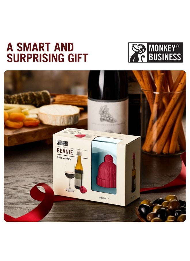 Monkey Business - Beanie Cap Decorative Silicone Bottle Stopper In A Gift Box Set Of Two Novelty Cork Beverage And Wine Keeper Champagne Bottle Stoppers (Red & Grey) - Image 1