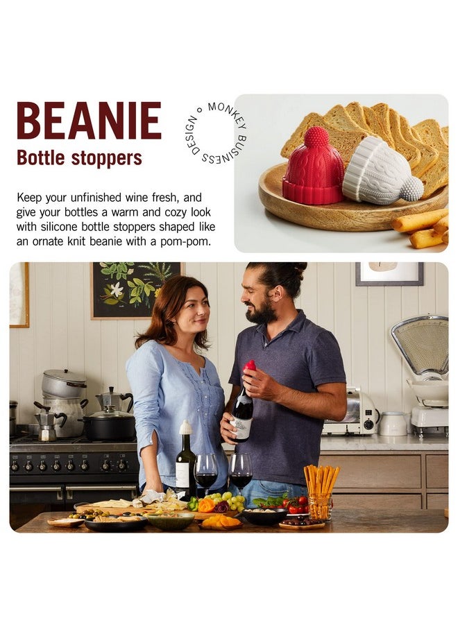 Monkey Business - Beanie Cap Decorative Silicone Bottle Stopper In A Gift Box Set Of Two Novelty Cork Beverage And Wine Keeper Champagne Bottle Stoppers (Red & Grey) - Image 1
