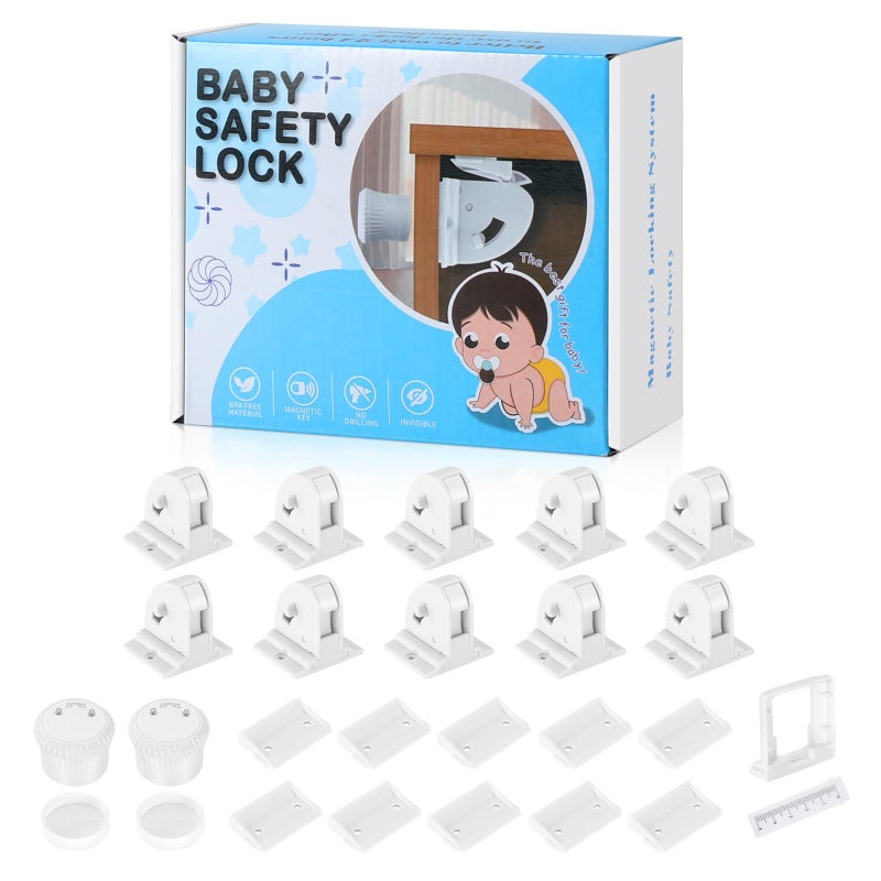 Aurblozen 10 Pack Magnetic Cabinet Locks for Child Safety, Drawer Locks Baby Proofing, Magnetic Door Safety Locks for Cabinets and Drawers, Easy Installation No Tools Required (10 Pack and 2 Keys) - Image 1
