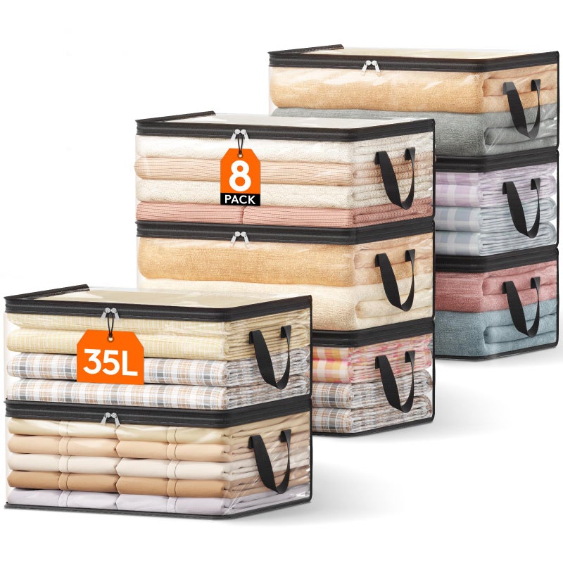 Lifewit 8 Pack Clear Clothes Storage Bags, 35L Plastic Vinyl Foldable Moving Bags with Zipper and Reinforced Handles, Closet Organizers and Storage Containers for Blanket, Sweaters, Coats, T-shirts - Image 1