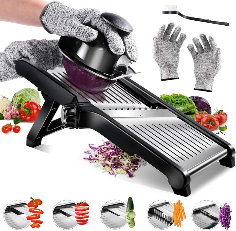 Masthome قطاعة ماندولين ماسثوم للمطبخ، قطاعة خضروات احترافية، قطاعة جوليان للبطاطس، مبشرة بصل - مع قفازات مقاومة للقطع وفرشاة تنظيف - Image 1