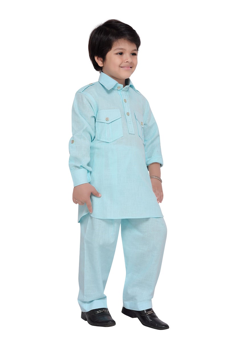 AJ DEZINES Pathani Suit For Kids Boys | Boys Kurta Set | Traditional Party & Ethnic Wear | Kids Kurta Pyjama Set | Solid Cotton Kurta Pajama | Wedding & Festive Outfit - Regular Fit - Sky-5 - Image 3