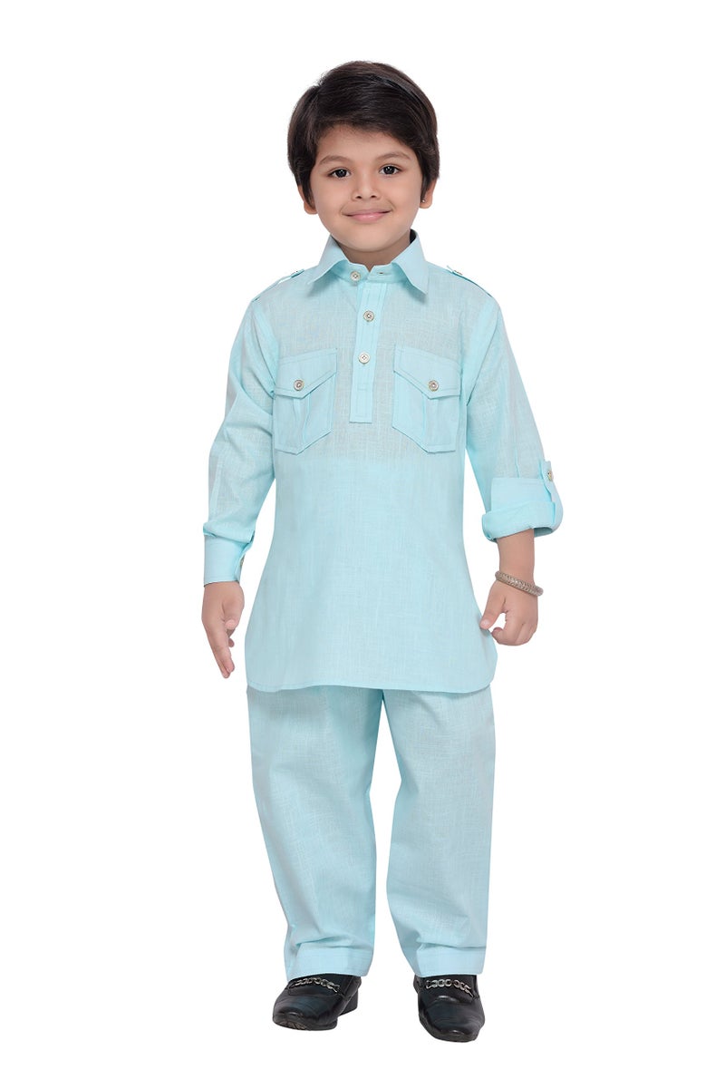 AJ DEZINES Pathani Suit For Kids Boys | Boys Kurta Set | Traditional Party & Ethnic Wear | Kids Kurta Pyjama Set | Solid Cotton Kurta Pajama | Wedding & Festive Outfit - Regular Fit - Sky-5 - Image 1