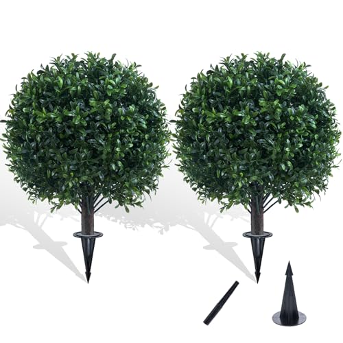 Chillchard Artificial Boxwood Topiary Ball Bush for Outdoor with Spike, UV Resistant Faux Boxwood Ball Tree with Stake for Outside Set of 2, Weatherproof Round Fake Shrubs for Entryway Front Porch - Image 1