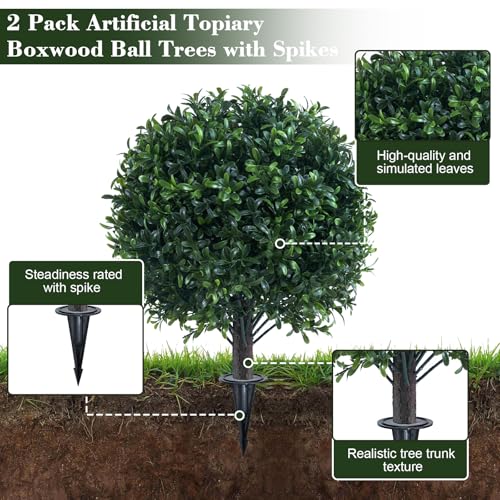 Chillchard Artificial Boxwood Topiary Ball Bush for Outdoor with Spike, UV Resistant Faux Boxwood Ball Tree with Stake for Outside Set of 2, Weatherproof Round Fake Shrubs for Entryway Front Porch - Image 3