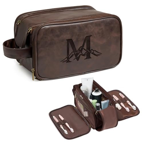 Janhavi Shaving Bag for Men Travel Waterproof Engraved Initials Mountain Make Up BagGroomsmen Gifts Mens Toiletry Travel Bag Mens Accessories Organizer Gifts for HimDark Brown M - Image 1