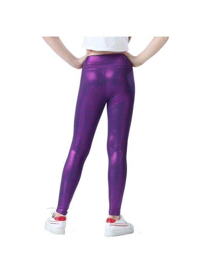 Jinhiteam Girls Metallic Leggings Size 6-7 Years Old Four Way Stretch Shiny Purple Dance Workout Pants - Image 4
