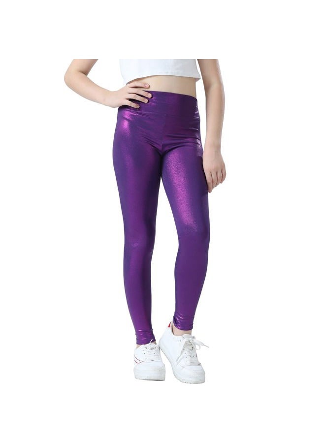 Jinhiteam Girls Metallic Leggings Size 6-7 Years Old Four Way Stretch Shiny Purple Dance Workout Pants - Image 1
