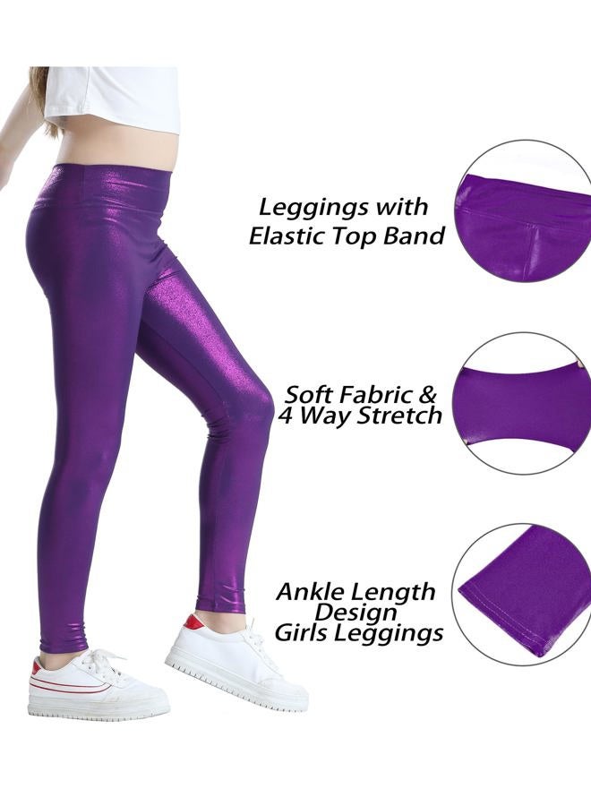 Jinhiteam Girls Metallic Leggings Size 6-7 Years Old Four Way Stretch Shiny Purple Dance Workout Pants - Image 5