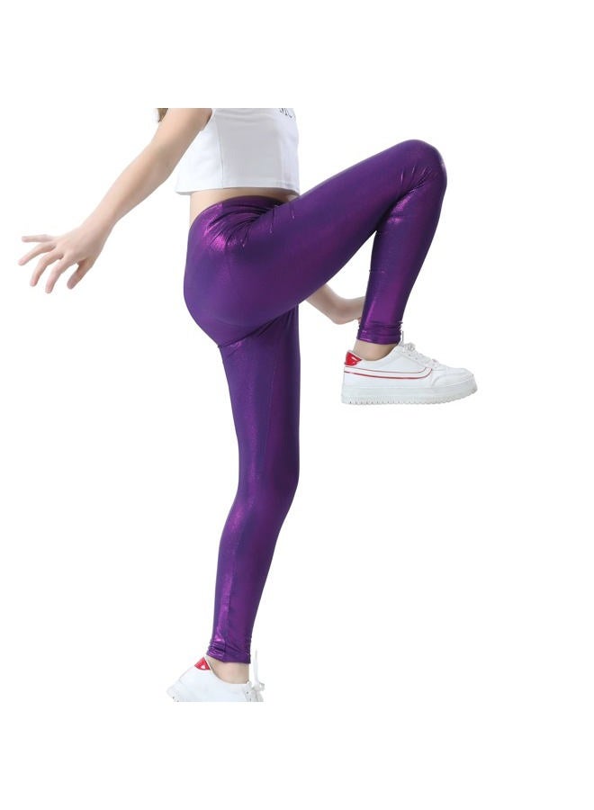 Jinhiteam Girls Metallic Leggings Size 6-7 Years Old Four Way Stretch Shiny Purple Dance Workout Pants - Image 3