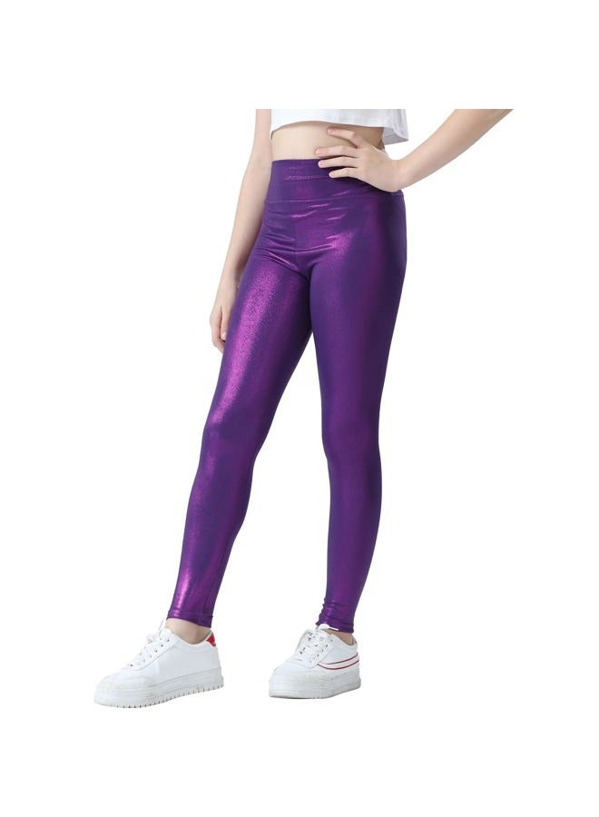 Jinhiteam Girls Metallic Leggings Size 6-7 Years Old Four Way Stretch Shiny Purple Dance Workout Pants - Image 2