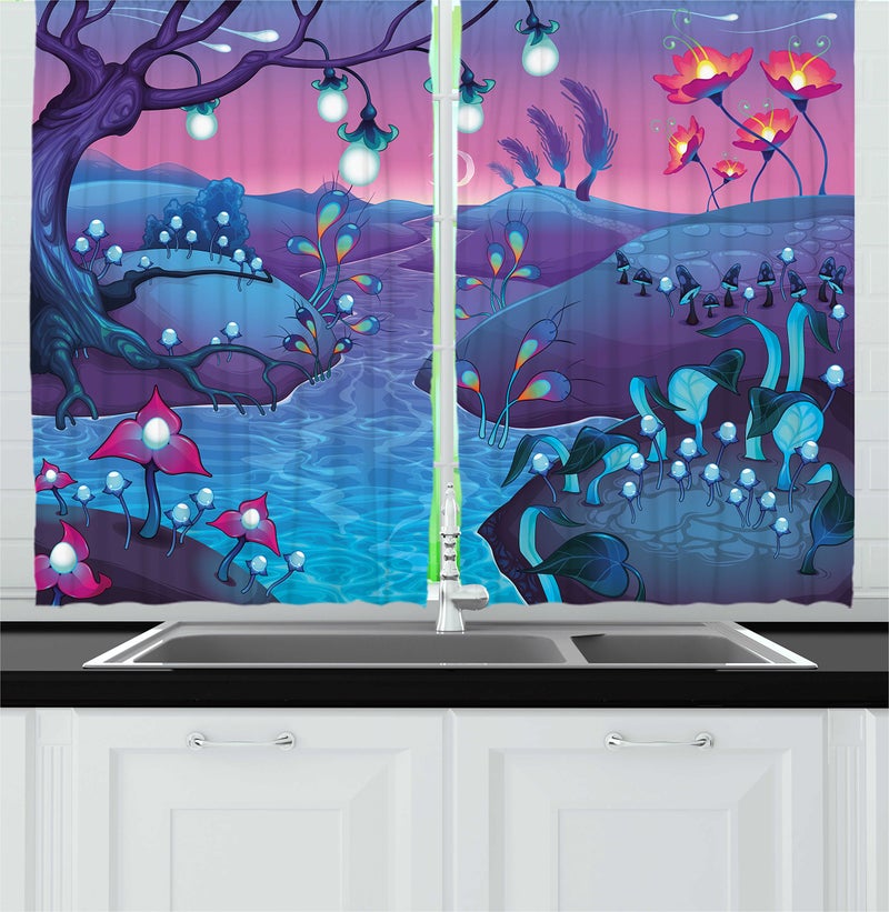 Ambesonne Mushroom Kitchen Curtains  Cartoon Style Fantasy Nocturnal Landscape with The River Mushrooms and Trees  Window Drapes 2 Panel Set for Kitchen Cafe Decor  55"" x 39""  Blue Fuchsia