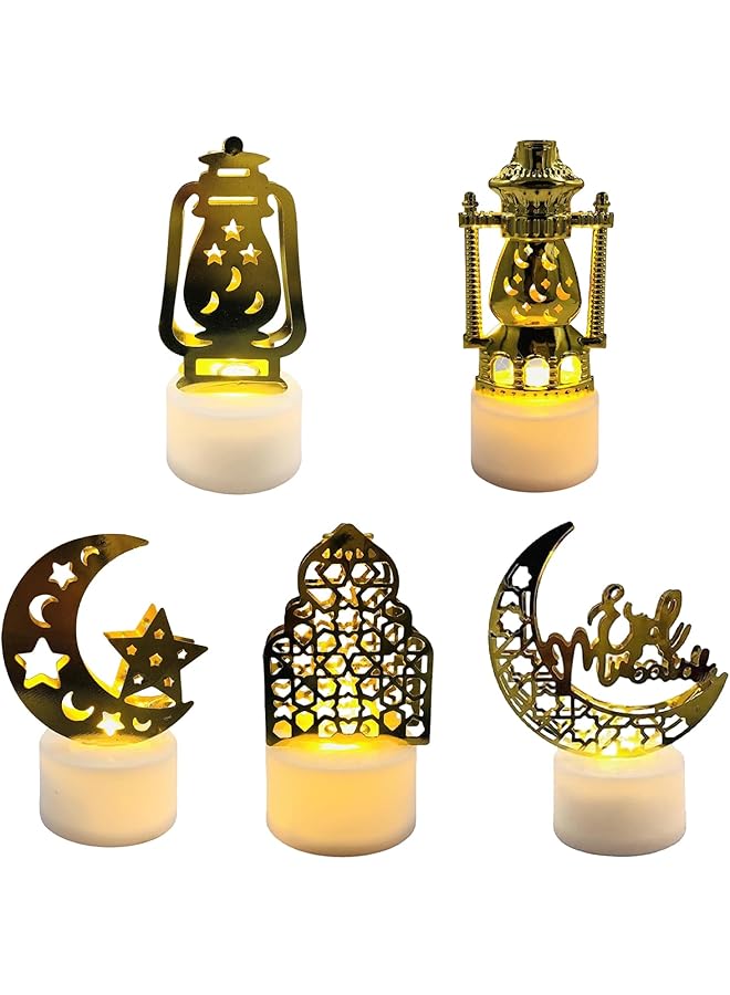 إيروريكس 5 قطع من فوانيس رمضان لتزيين شموع عيد رمضان، فوانيس رمضان ليد، شموع، قلعة، مصباح زيتي عتيق، باغودا، منارة، عيد مبارك، مصباح لتزيين طاولة الحائط، هدية حفلات العيد - Image 1