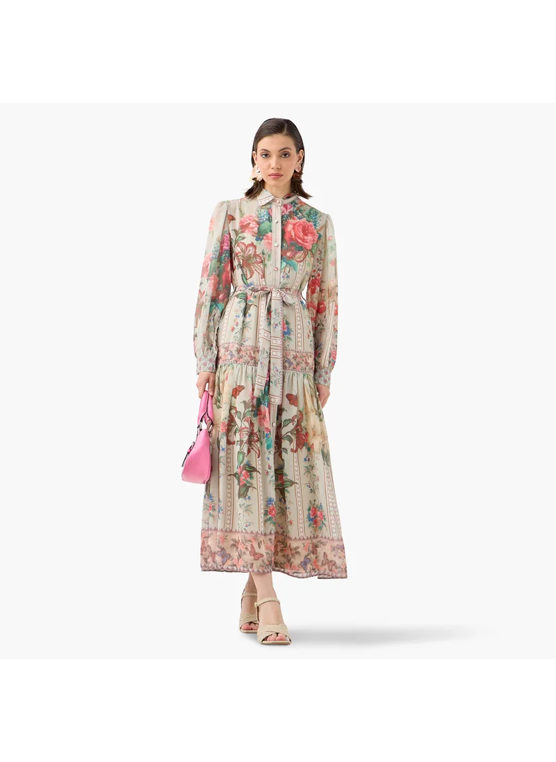 تواكستريمز 2Xtremz Floral Print Shirt Dress with Long Sleeves and Waist Tie-Up