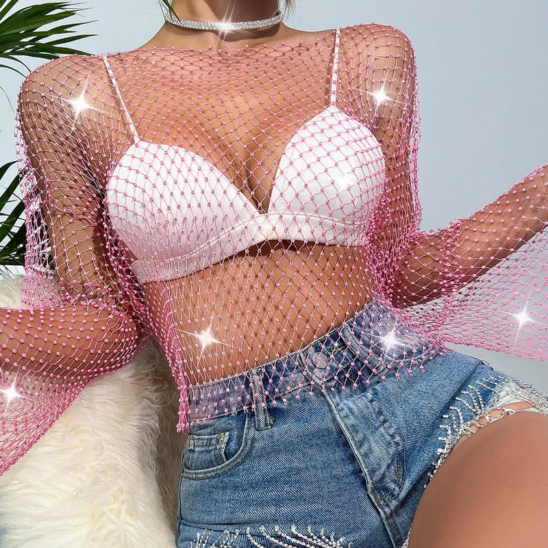 ABAFIP Women's Sparkly Rhinestone Crop Top Long Sleeve Mesh Bikini Cover up Summer Beach Holiday Fishnet Shirts Festival Rave Tops Pink Medium - Image 3