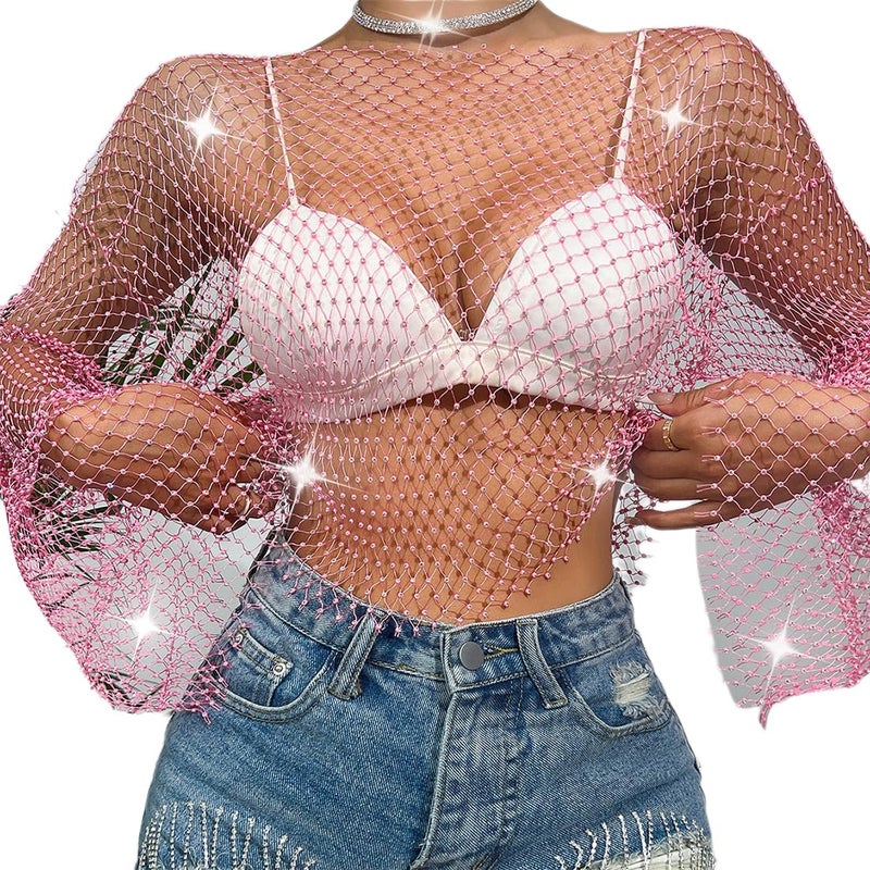 ABAFIP Women's Sparkly Rhinestone Crop Top Long Sleeve Mesh Bikini Cover up Summer Beach Holiday Fishnet Shirts Festival Rave Tops Pink Medium - Image 1