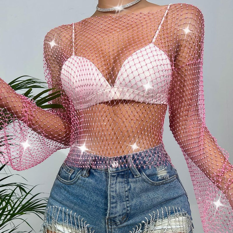 ABAFIP Women's Sparkly Rhinestone Crop Top Long Sleeve Mesh Bikini Cover up Summer Beach Holiday Fishnet Shirts Festival Rave Tops Pink Medium - Image 2
