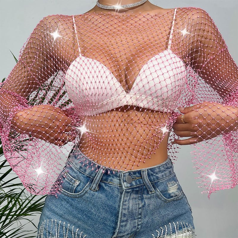 ABAFIP Women's Sparkly Rhinestone Crop Top Long Sleeve Mesh Bikini Cover up Summer Beach Holiday Fishnet Shirts Festival Rave Tops Pink Medium - Image 4