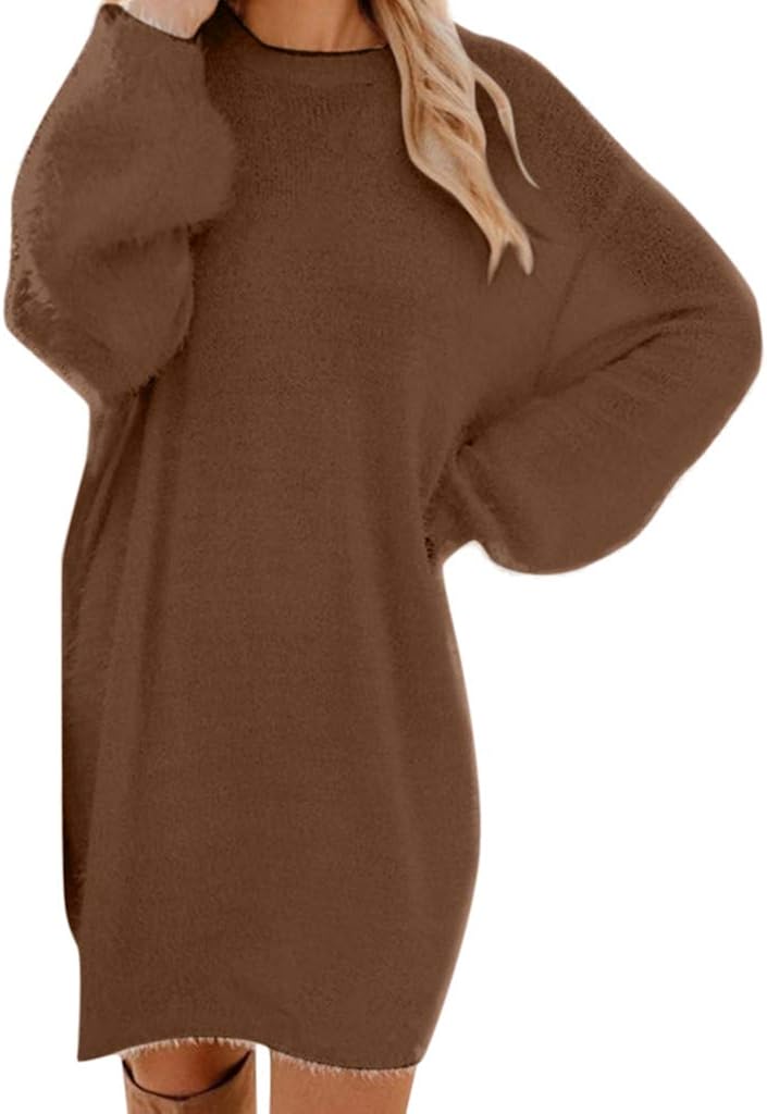 woobles Women's Loose Oversize Turtleneck Loose Fluffy Fuzzy Long Pullover Sweater Dress - Image 1