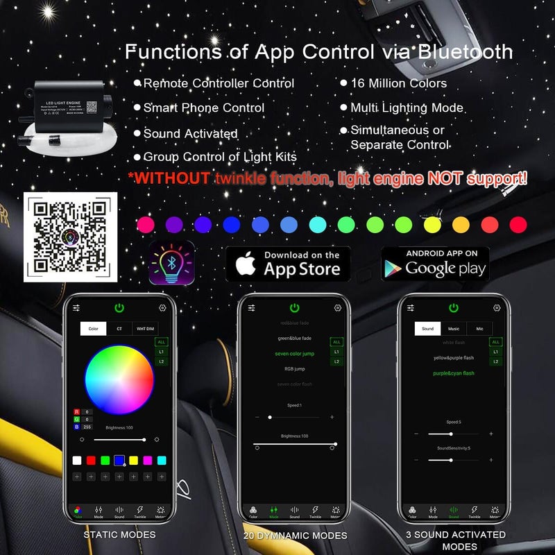 AKEPO 16W Car Home Use Fiber Optic Lights Star Ceiling Light Kit APP + Music Control, RGBW Sound Sensor Light Source with 28key RF Musical Remote with Mixed Fiber Cable 295pcs（0.75+1+1.5mm）9.8ft/3m - Image 3