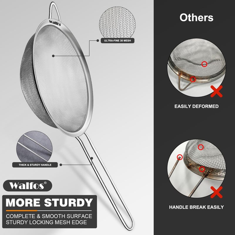 Walfos Fine Mesh Strainers Set, Premium Stainless Steel Colanders and Sifters, with Reinforced Frame Sturdy Handle, Perfect for Sift, Strain, Drain Rinse Vegetables, Pastas Tea - 3 Sizes - Image 4