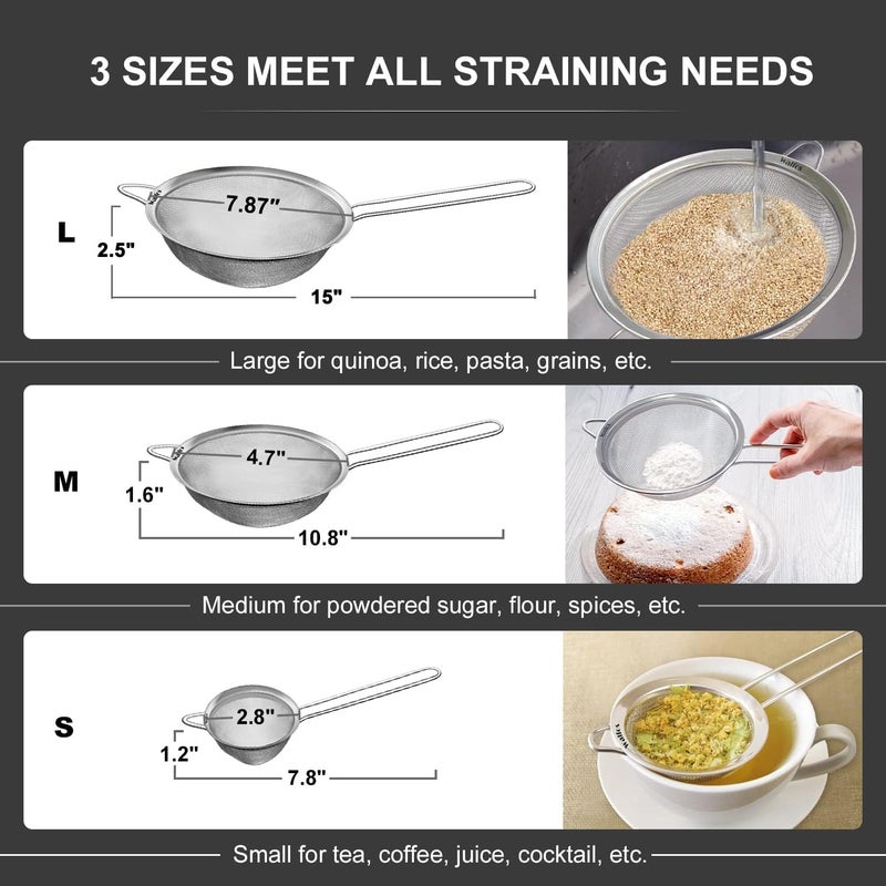 Walfos Fine Mesh Strainers Set, Premium Stainless Steel Colanders and Sifters, with Reinforced Frame Sturdy Handle, Perfect for Sift, Strain, Drain Rinse Vegetables, Pastas Tea - 3 Sizes - Image 2