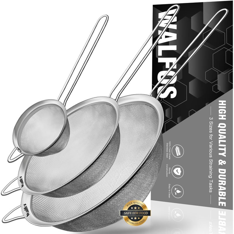 Walfos Fine Mesh Strainers Set, Premium Stainless Steel Colanders and Sifters, with Reinforced Frame Sturdy Handle, Perfect for Sift, Strain, Drain Rinse Vegetables, Pastas Tea - 3 Sizes - Image 1