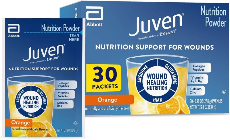 Juven Therapeutic Nutrition Drink Powder Including Collagen Peptides Amino Acids and HMB for Wound Healing Support Orange 30 Packets - Image 1
