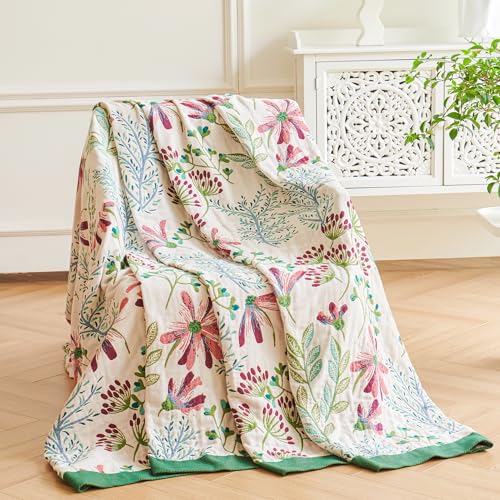 VANJOROY Boho Throw Blanket 100 Organic Cotton Breathable Ultra Soft 50 x 60 Bed Quilt Throw All Season Floral Rustic Farmhouse Decor Luxury Reversible Blanket for Sofa Couch Chair and Gift - Image 3