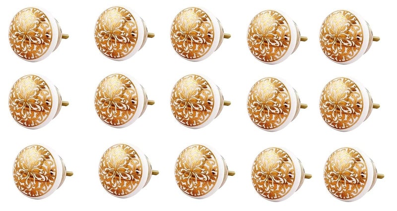 RHF Ceramic Drawer knobs for Dresser Wardrobe Cabinet cupboards Door knobs for Drawers Handle Children Drawer Pull Hand Painted Standard Size Golden Color Pack of 15
