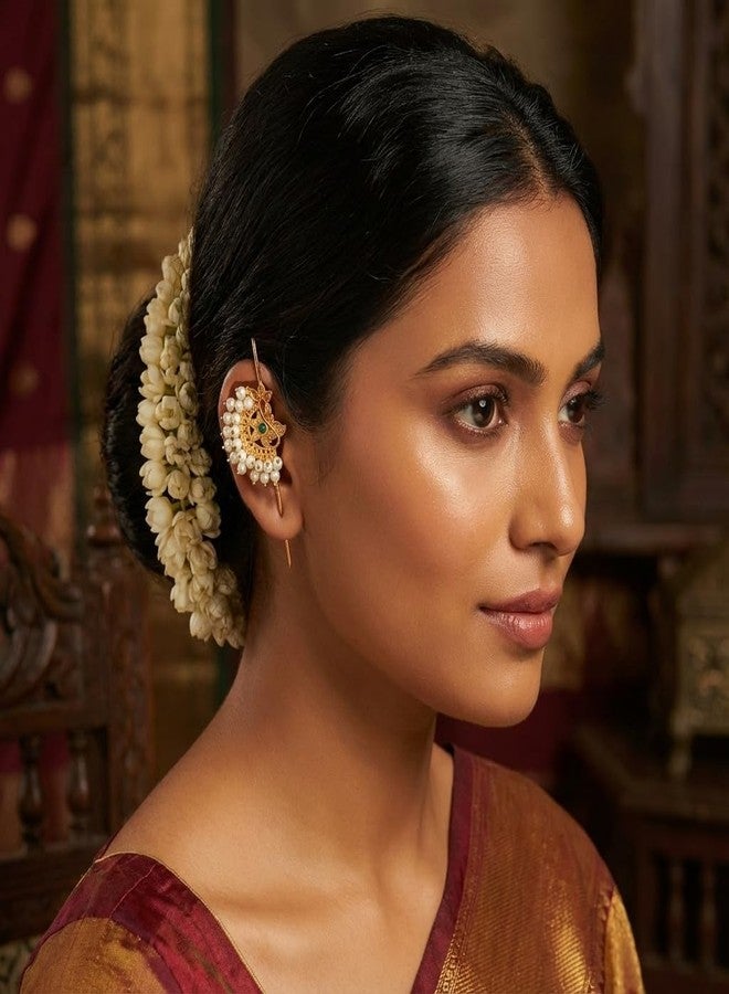 طقم أقراط ماهاراشترا التقليدية المطلية بالذهب من AAIKU مع بوغادي (سوار أذن) بدون ثقب | بوغادي (سوار أذن) مزين باللؤلؤ مع أقراط مرصعة بالزهور | طقم مجوهرات ماراثي للعرائس للنساء والفتيات - Image 2