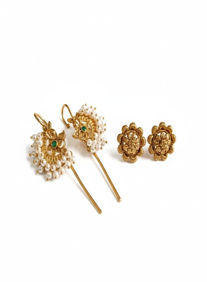 طقم أقراط ماهاراشترا التقليدية المطلية بالذهب من AAIKU مع بوغادي (سوار أذن) بدون ثقب | بوغادي (سوار أذن) مزين باللؤلؤ مع أقراط مرصعة بالزهور | طقم مجوهرات ماراثي للعرائس للنساء والفتيات - Image 1