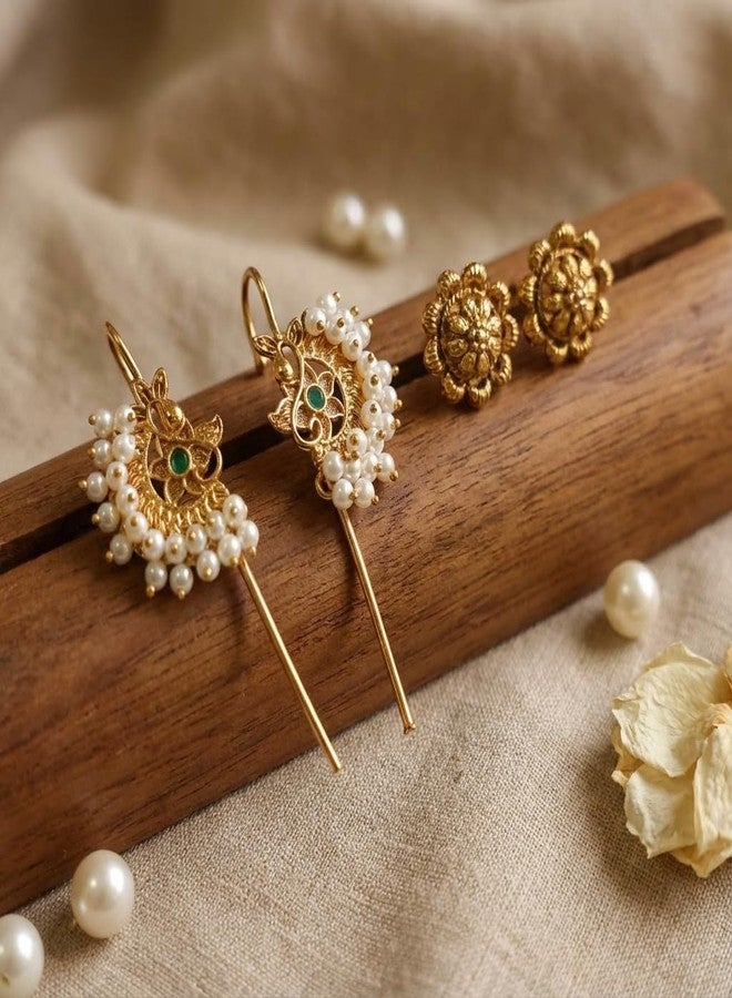 طقم أقراط ماهاراشترا التقليدية المطلية بالذهب من AAIKU مع بوغادي (سوار أذن) بدون ثقب | بوغادي (سوار أذن) مزين باللؤلؤ مع أقراط مرصعة بالزهور | طقم مجوهرات ماراثي للعرائس للنساء والفتيات - Image 5