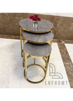 LHFHOMT LHFHOMT Nesting Tables Set of 3 Pieces, Round Coffee table, Ceramics Wooded Top, Strong Gold Metal Frame for Living Room,Office,Sofa Side  - Image 1