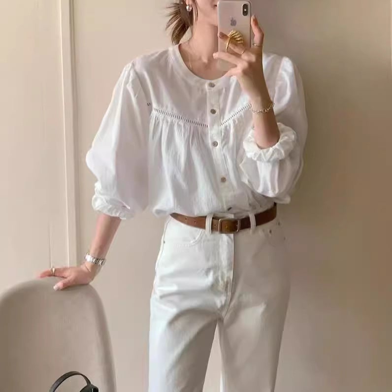 South Korea'S Dongdaemun Women'S Clothing Chic Stitching Cut Out Lace Versatile Shirt Sweet Spring & Fall Pure Color - Image 3