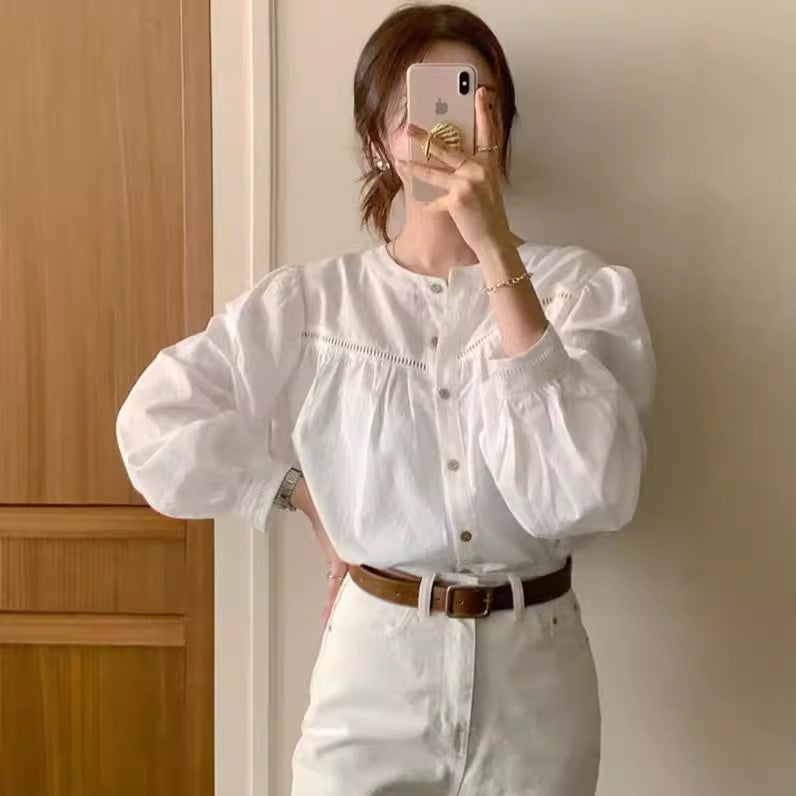 South Korea'S Dongdaemun Women'S Clothing Chic Stitching Cut Out Lace Versatile Shirt Sweet Spring & Fall Pure Color - Image 1