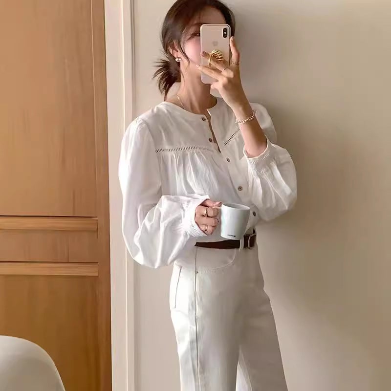 South Korea'S Dongdaemun Women'S Clothing Chic Stitching Cut Out Lace Versatile Shirt Sweet Spring & Fall Pure Color - Image 2