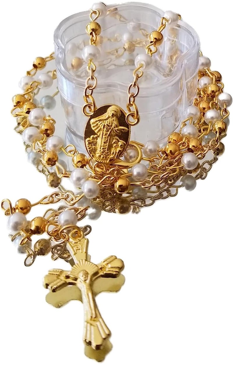 CLGIFT 12 X Wholesale Bulk St Benedict Faux Pear Rosaries for Baptism, Wedding, Rosary Favor Gold Pearl Recuerdos para Primera Comunion Memorial Religious Favor with Box - Image 3