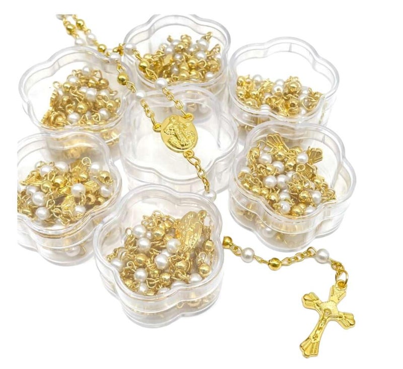 CLGIFT 12 X Wholesale Bulk St Benedict Faux Pear Rosaries for Baptism, Wedding, Rosary Favor Gold Pearl Recuerdos para Primera Comunion Memorial Religious Favor with Box - Image 5