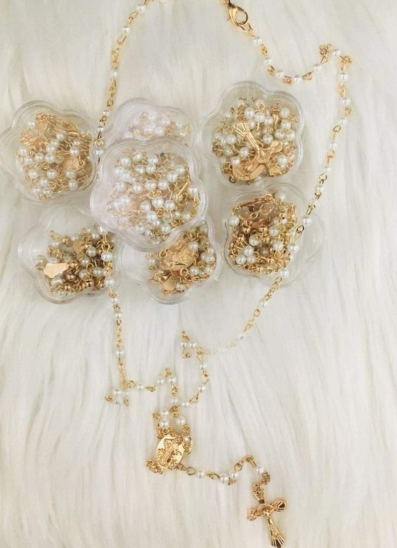 CLGIFT 12 X Wholesale Bulk St Benedict Faux Pear Rosaries for Baptism, Wedding, Rosary Favor Gold Pearl Recuerdos para Primera Comunion Memorial Religious Favor with Box - Image 2