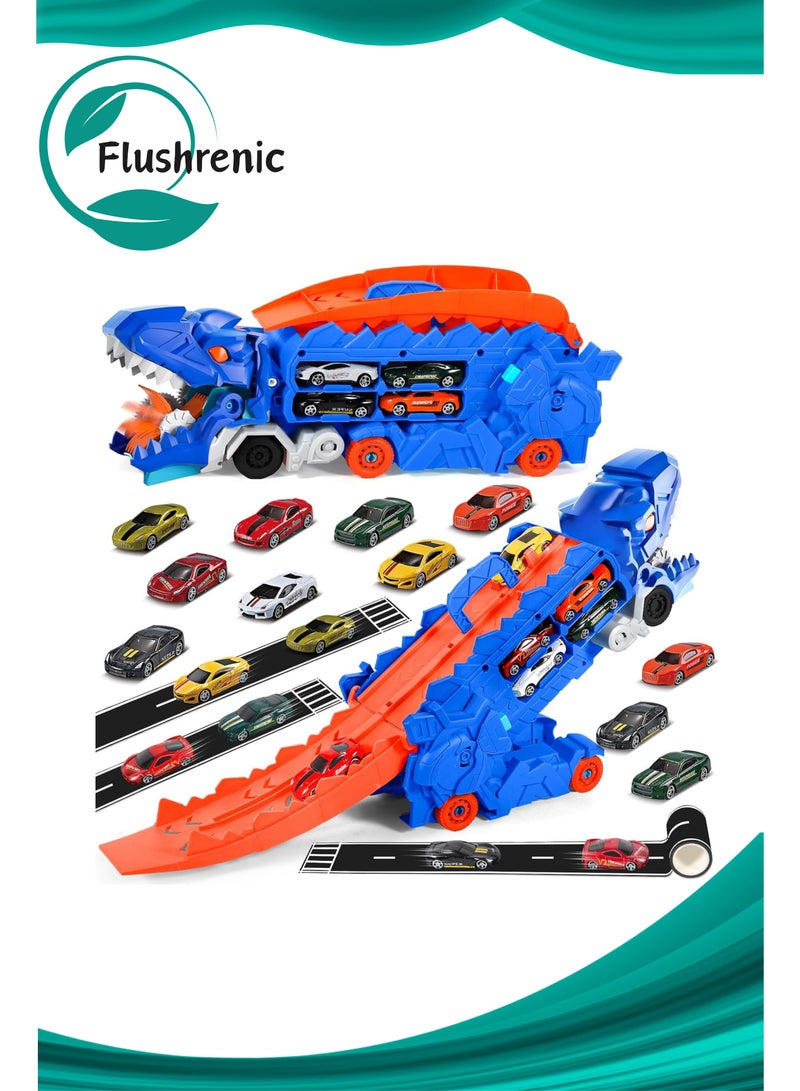 Flushrenic Toddler Truck Toy,Ejection Folding Dinosaur Track, Portable Truck Car with 12 Race Cars, Best Gift Toy Cars Set for Toddlers 3/4/5/6/7 Years Old - Image 1