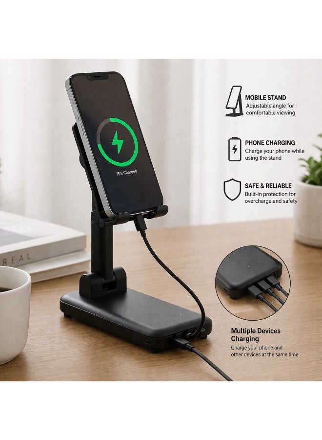 ORdEo Power Bank with Phone Bracket + Cable, 20000mAh, 4-in-1 Charging Connectors, Foldable Stand, Black - Image 3