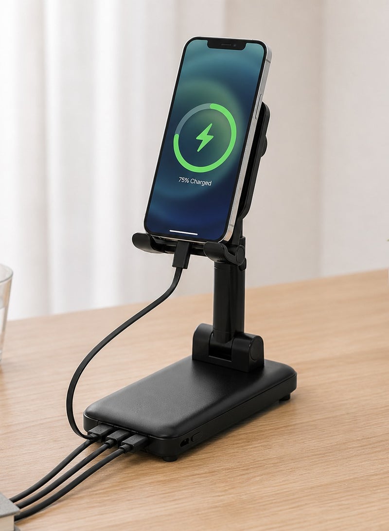 ORdEo Power Bank with Phone Bracket + Cable, 20000mAh, 4-in-1 Charging Connectors, Foldable Stand, Black - Image 1