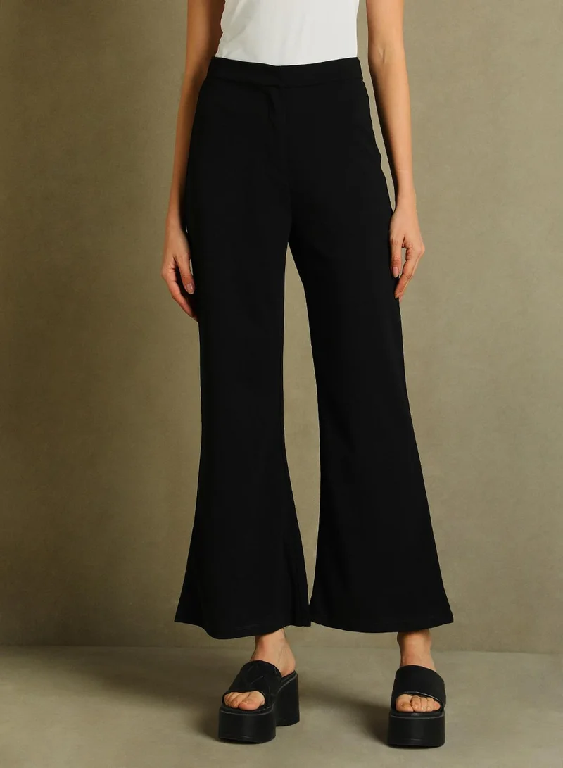Dennis Lingo Women's Black Cotton Blend Solid Full Length Casual Straight Fit Trouser