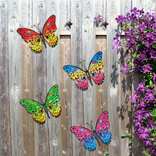 Daogtc Metal Butterfly Wall Decor - 9.6" Outdoor Fence Wall Art Decor, Hanging Decoration for Garden Yard Living Room Bedroom Patio Balcony(4 Pack) - Image 2